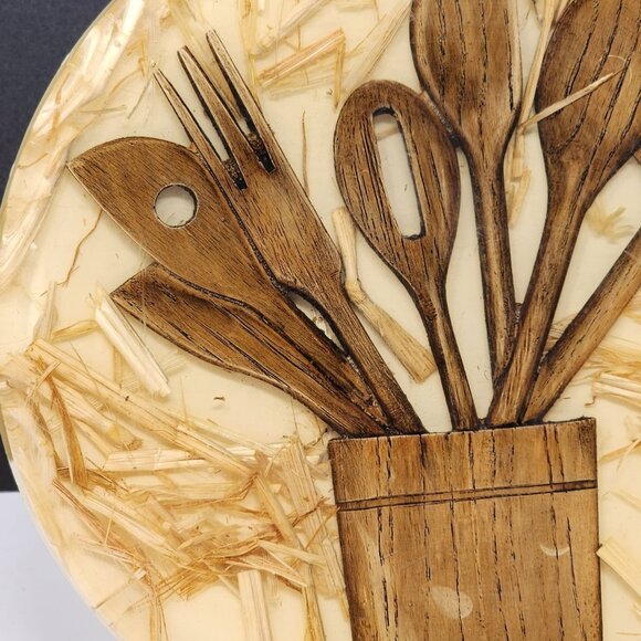 Handcrafted Wooden Kitchen Utensils Design Round Resin Trivet 7-3/4" - Picture 4 of 10